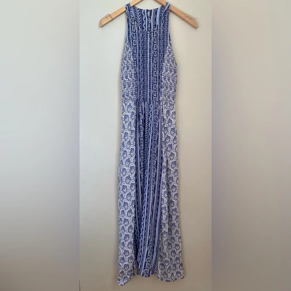 House of Harlow 1960 Smocked Maxi Dress Blue Print Size XS Resortwear Boho Beach - Picture 2 of 10